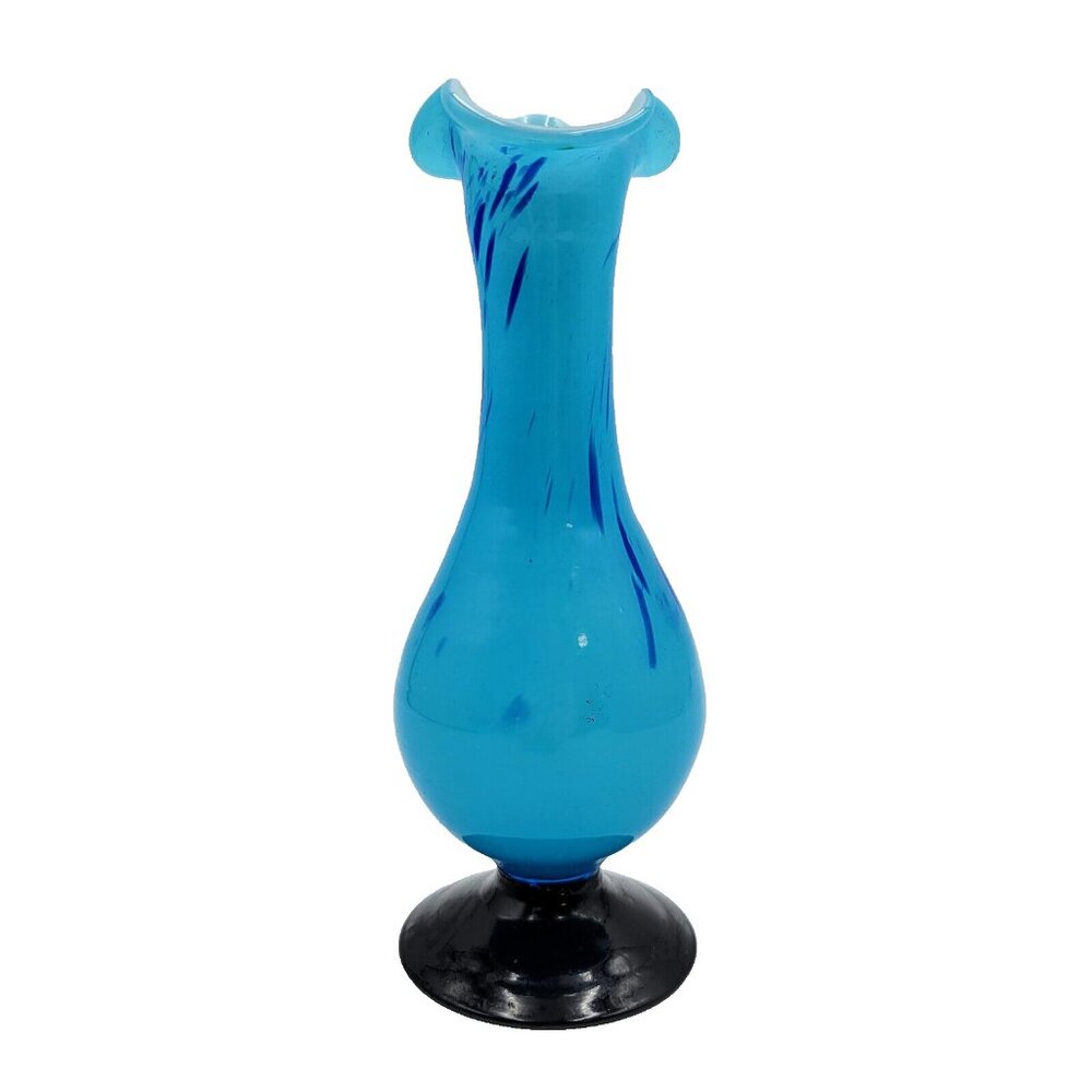 Vintage Blown Art Glass Bud Vase Blue Confetti Splatter Black Pedestal Bottom